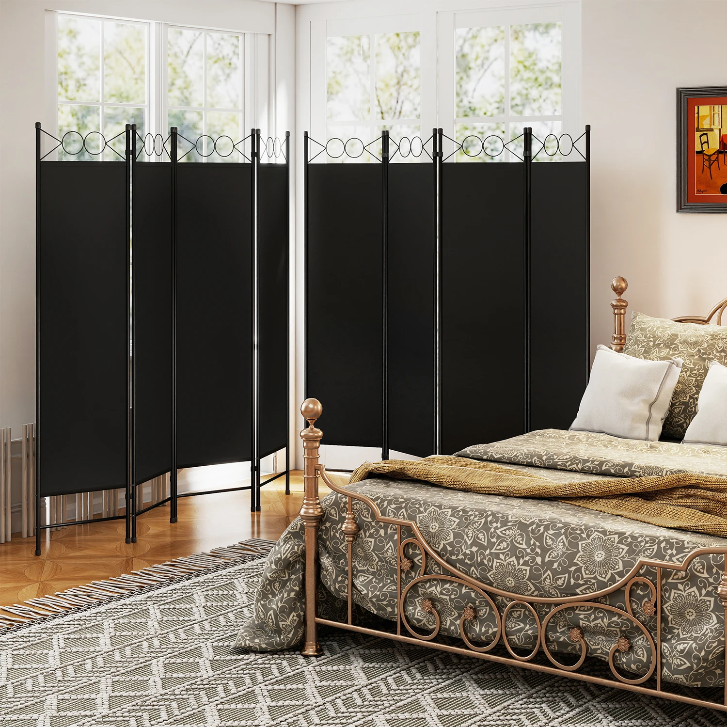 مقسم الغرفة، 4 ألواح إطار فولاذي بطول 6 أقدام، شاشة خصوصية قابلة للطي مع قماش مقاوم للماء ووسادات قدم مضادة للانزلاق للمكتب المنزلي. أسود