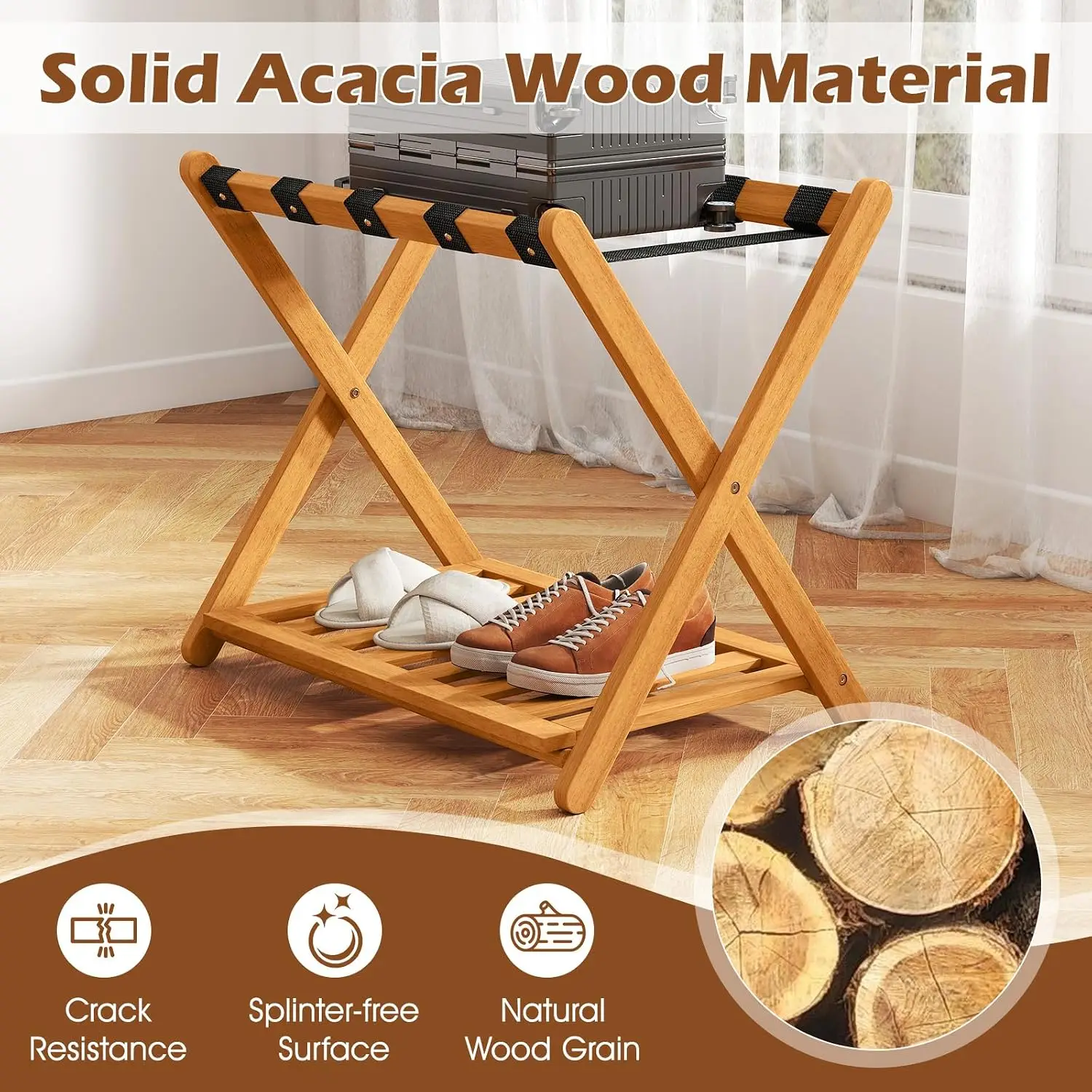 Folding Luggage Rack Set of 4, Acacia Wood Foldable Suitcase Stand with 5 Nylon Straps & Slatted Storage Shelf,, Customized