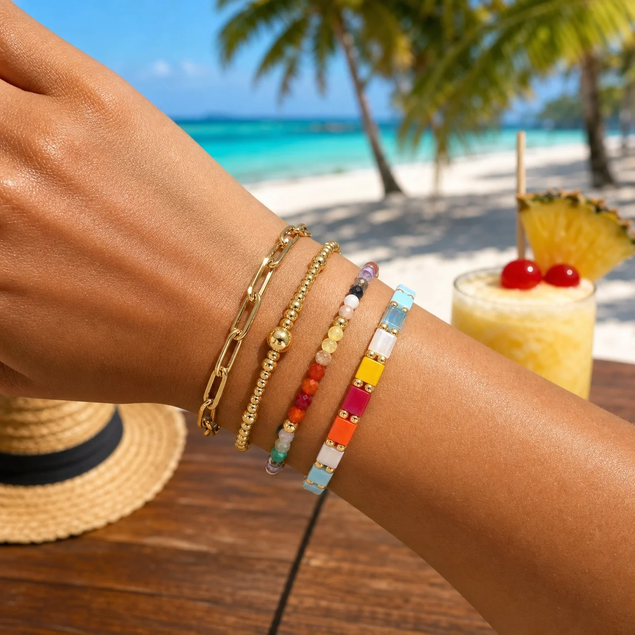 4pcs Colorful Beaded Chain Bracelet with Gold Tone Metal Round Beads and Lobster Clasp Boho Beach Style for Women
