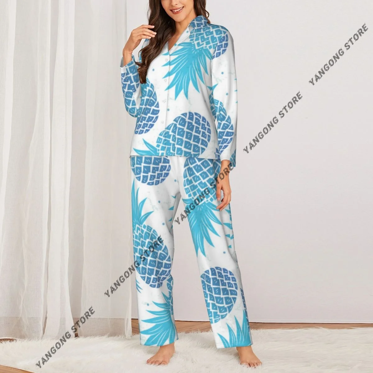 طقم بيجامات نسائية كلاسيكية على شكل أناناس مكون من قطعتين ملابس نوم بأزرار سفلية وأكمام طويلة #2
