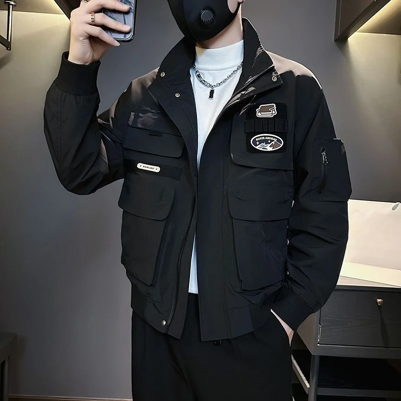 ​Men's Spring Autumn Premium Jacket Modern Standing Collar Streetwear Inspired Workwear with Multiple Pockets Adjustable Cuffs​