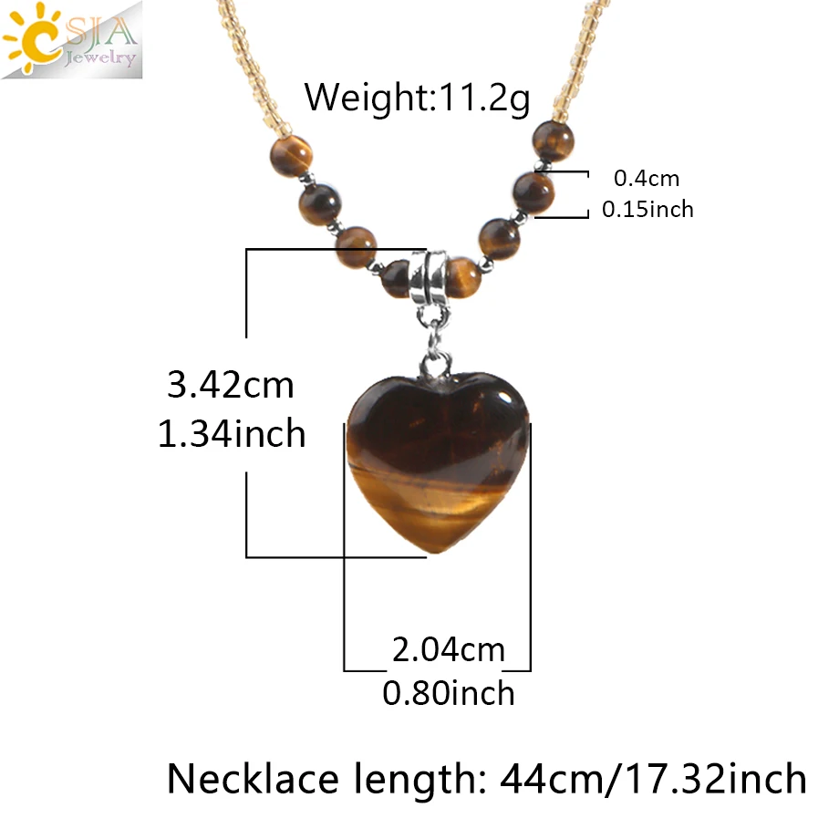 CSJA Heart Quartz Pendant Necklace for Women Healing Natural Stone Amethysts Crystal Charm Glass Bead Choker Christmas Gift T024