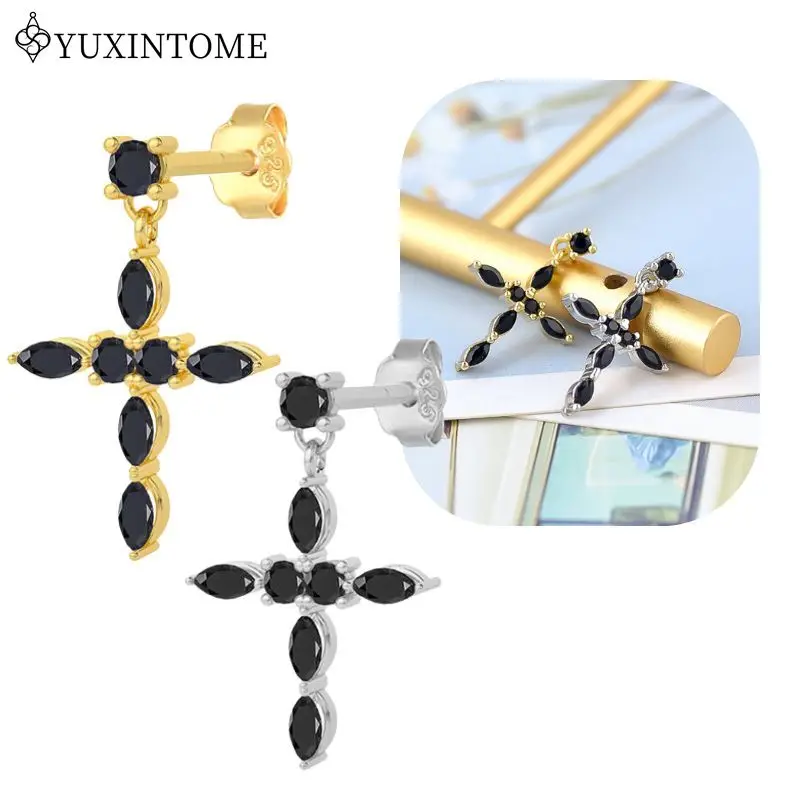 

925 Silver Needle Micro-set Black Zircon Cross Pendant Earrings Personalized Trendy Perforated Earrings Fashion Party Jewelry