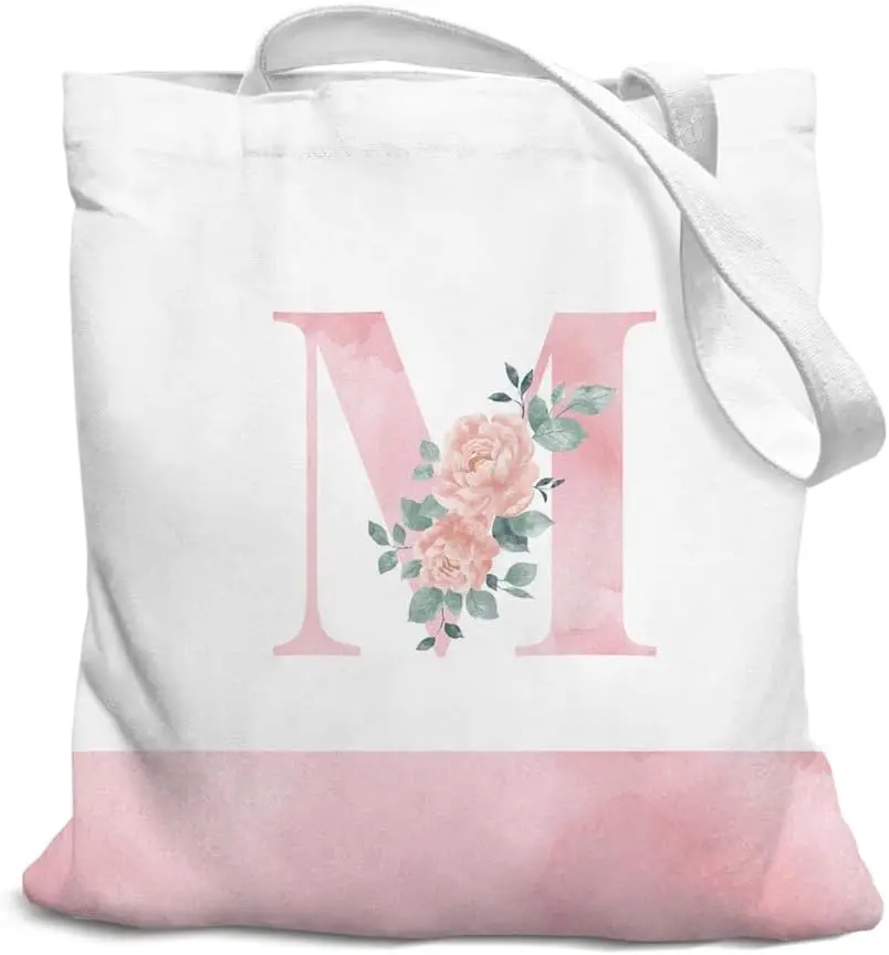 

Pink Initial Flower Coquette Canvas Tote Bag for Women Teens Floral Print Large Capacity Foldable Fashion Bags Female