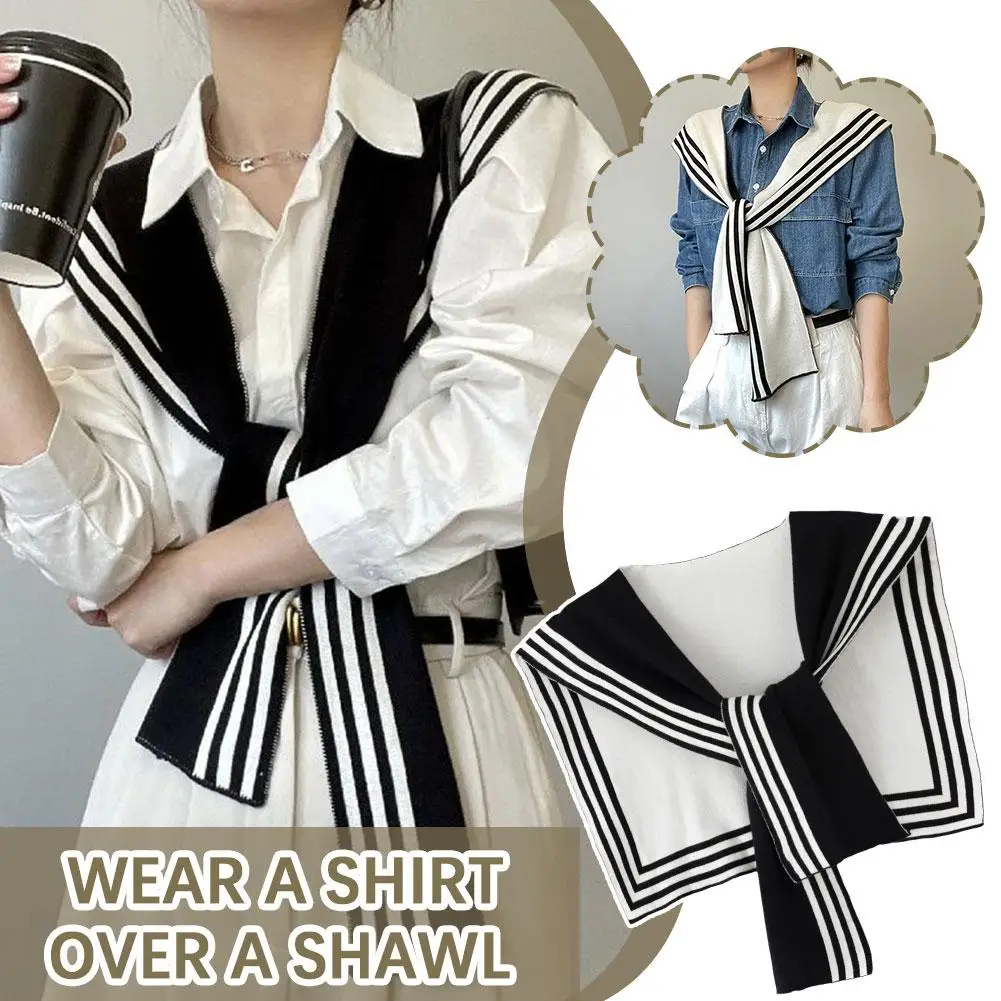 

Blouse Shoulders Fake Collar Knitted Shawl Cape Solid Scarves Decoration White Black Stripe Sunscreen Color Wool Clothes Sc J7i9