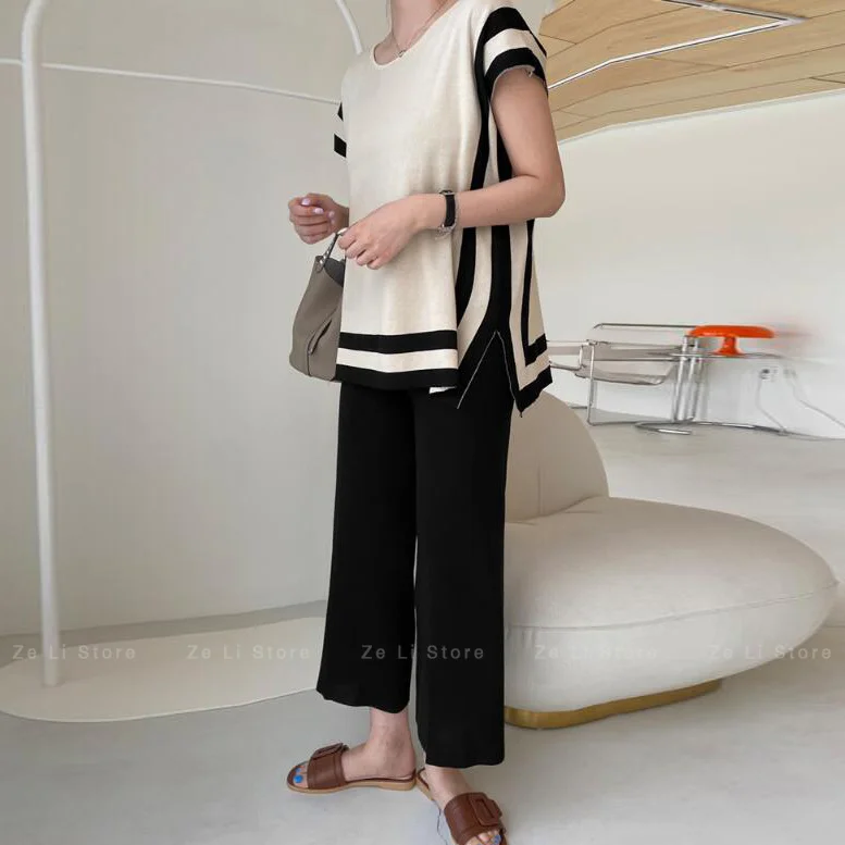 

2026 New Chic Summer Ice Silk Shirt Set Knitted Wide Leg Pants Loose Thin Top Bottoms Korean Style Casual Sportswear Ensemble