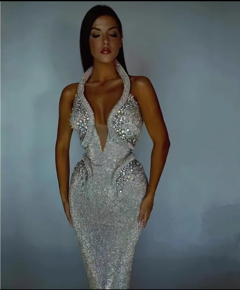 

Silver neckline high-end sequin stage costume casual evening dress