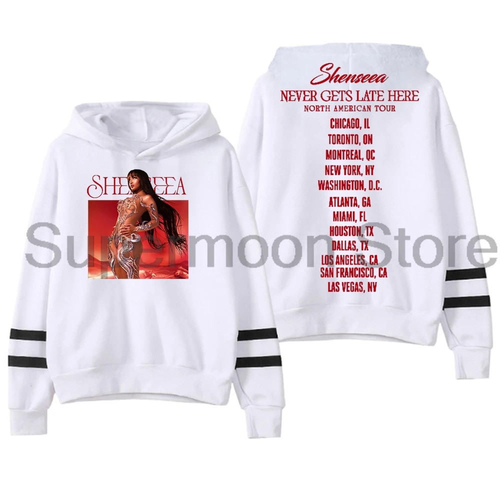 

Shenseea Never Gets Late Here Tour Hoodie Pocketless Parallel Bars Sleeve Streetwear Men Women Hooded Sweatshirts