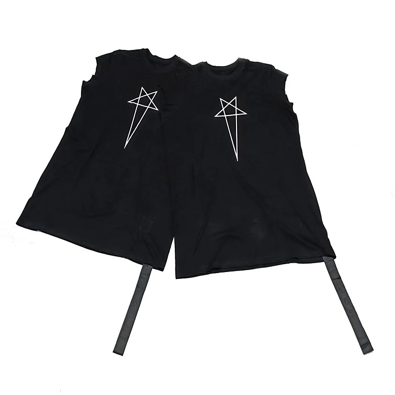 RO Dark Wind Five-pointed Star Patterned Print Rick Multi-purpose Loose T-shirt with detachable ribbon inner layer vest