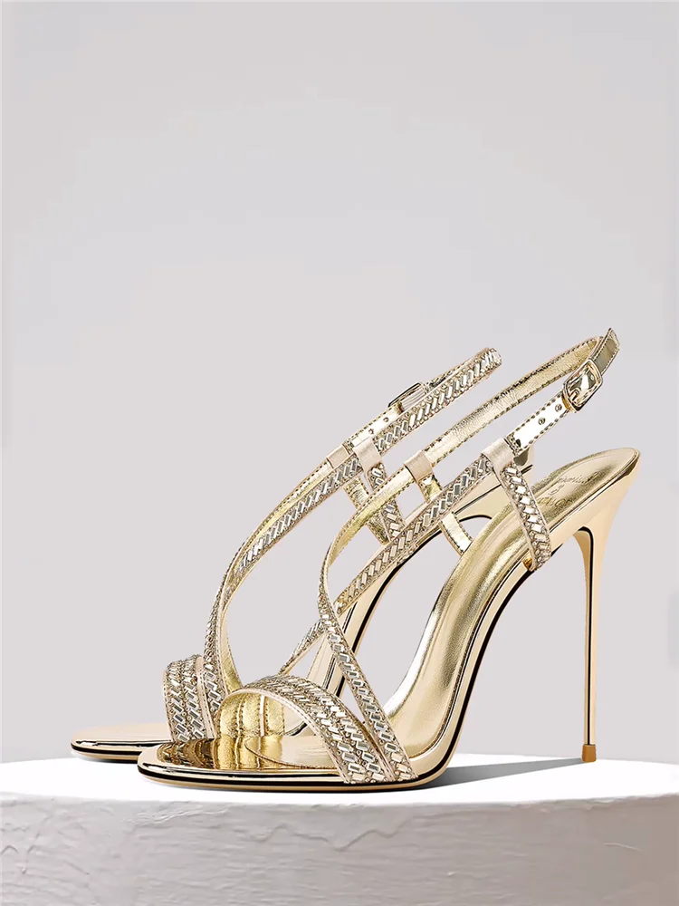 Summer New Round Toe Open Toe Rhinestone Strap Sexy Stiletto Sandals Banquet Dress Large Size Small Size High Heel Women's Shoes
