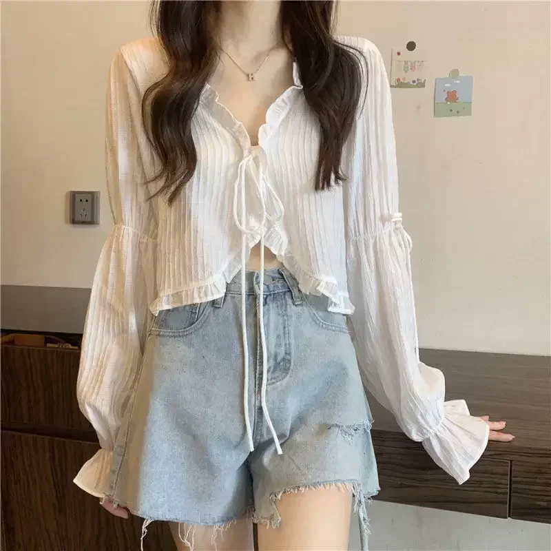 

2025 Sweet Ruffle Lace Up Cardigan Women Summer Long Sleeve Sunscreen Jacket Woman Candy-color Chiffon Crop Tops