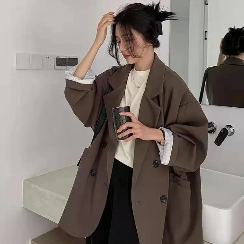 Vintage Brown Blazer Women Elegant Official Ladies Spring Autumn Fashion Long Sleeve Oversized Chic Casual Suit Jacket 2023