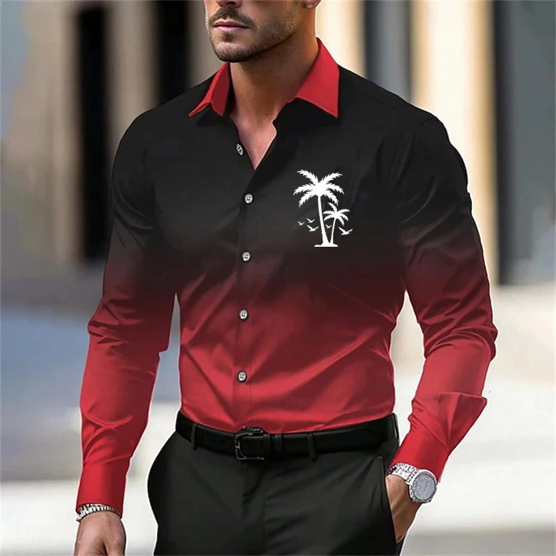 

Mens fashion long sleeved shirt with interesting downgraded cross printT-shirtmenselegant topoffice wearautumn lapel loose shirt