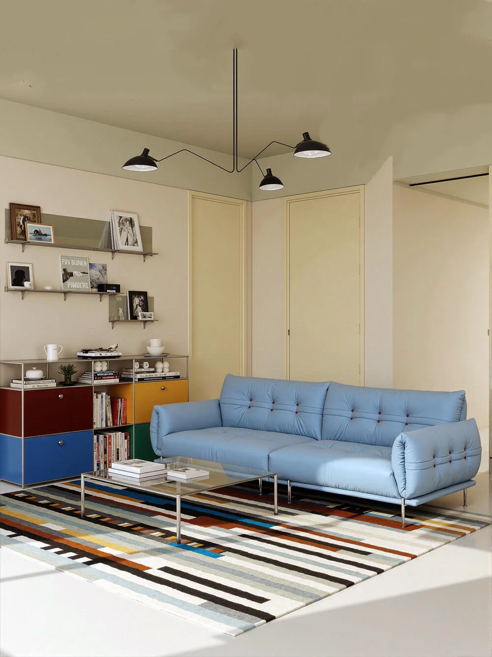 

Classic Bauhaus retro misty rain blue anti-cat claw leather three-person sofa niche treasure