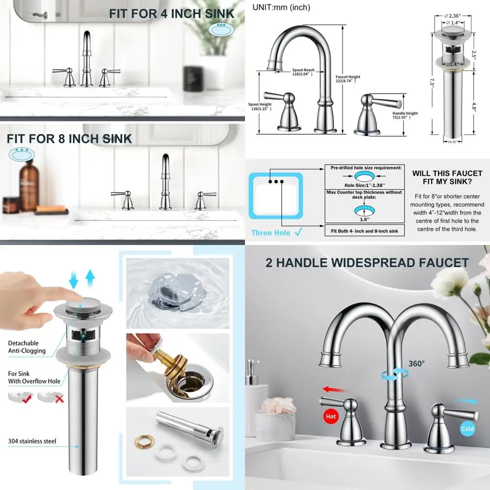 

Chrome 8 3-Hole 2-Handle Bathroom Sink Faucet with Pop-Up Drain for Vanity, Lavatory, and Basin