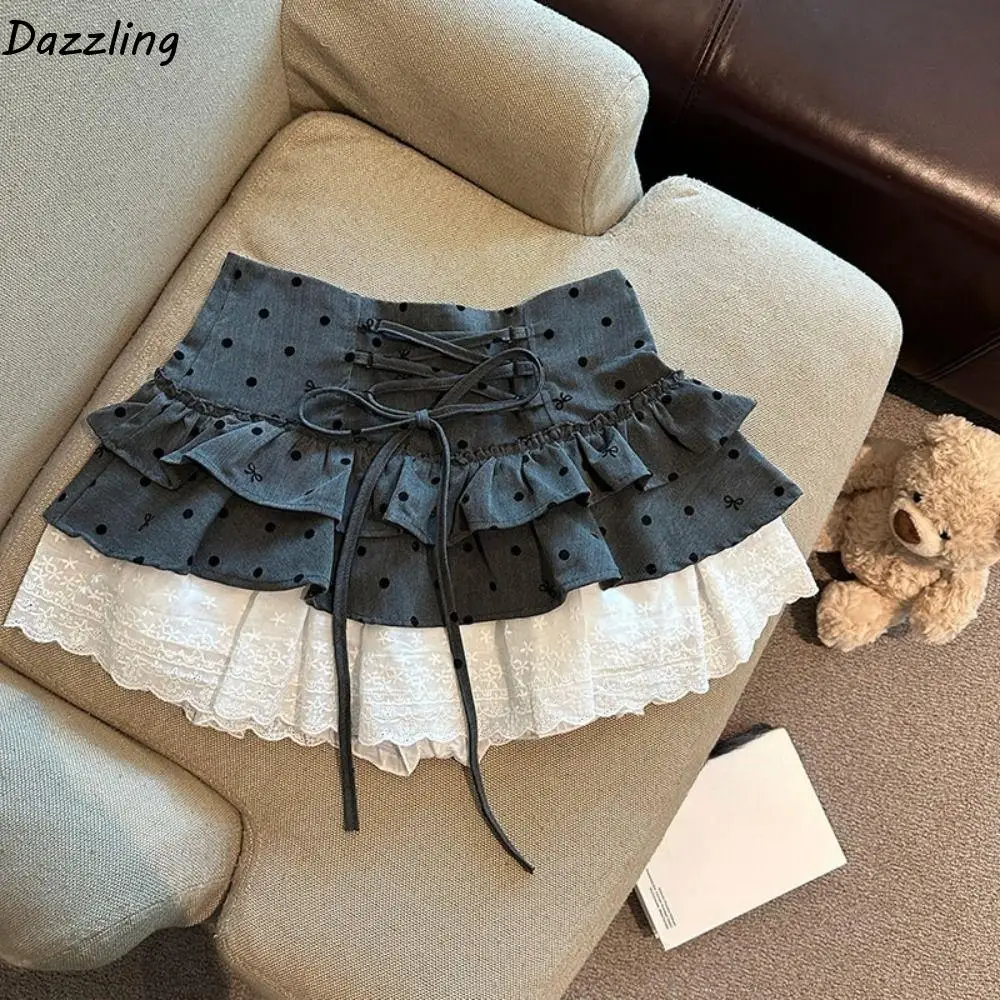 

Fashion Sweet Short Puff Skirt Dot Lace Flounce Short Skirt High Waist with Safty Pants A-line Cake Shirt Short Streetwear