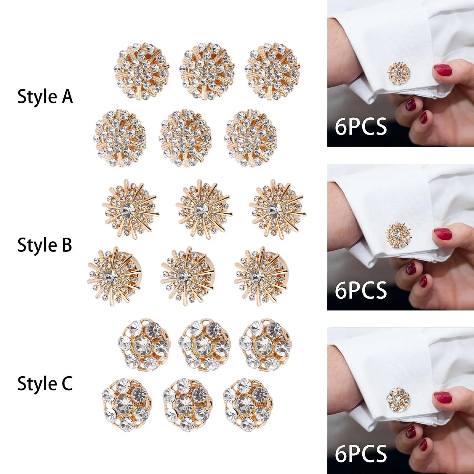 

6Pcs Men Cufflinks Rhinestone Button Covers for Formal Ceremony Engagement
