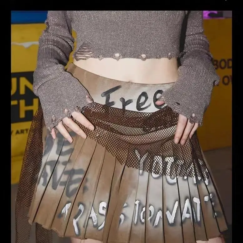 Subculture Wasteland American Retro High Waist Skirt Street Hot Girl Graffiti Trendy Brand Pleated Skirt Women's Short Skirt
