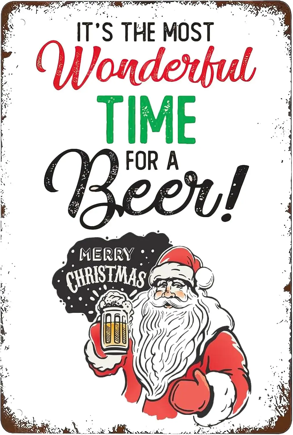 It's The Most Wonderful Time For A Beer Metal Tin Sign, Santa with Beer Metal Tin Plaque Vintage Santa Beer Sign Wall H sign
