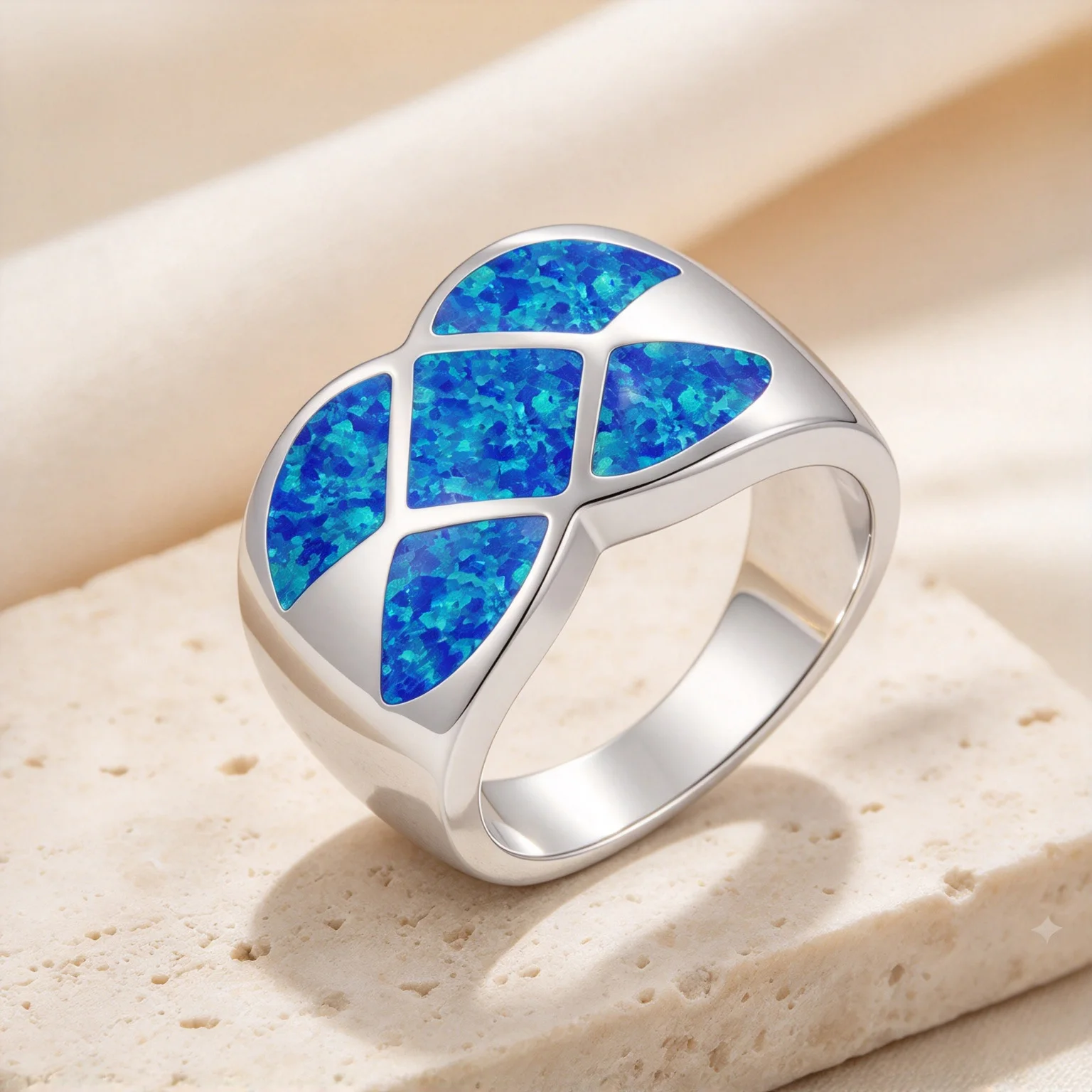 Modern Wide Band Blue Opal Geometric Patchwork Ring Multi Block Split Design Bold Unisex Finger Jewelry Daily Work Party Gift
