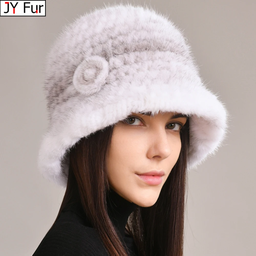 

New Russian Girl Soft Knitting Real Fur Bucket Hats 2025 Warm Woman Hat Winter Solid Mink Caps With Flower Natural Mink Fur Hats