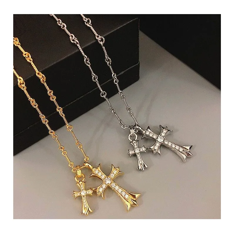

Chaoxuan Retro Diamond-encrusted Double Cross Necklace Friends Men and Women Couples Collarbone Chain Gift