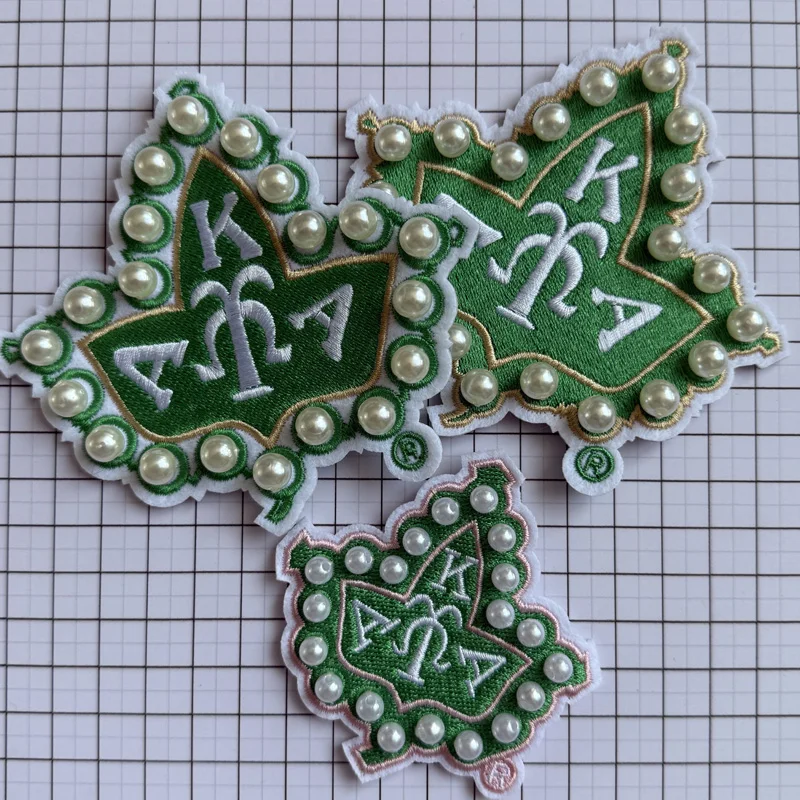 3D Pearls Ivy Shield Embroidered Sew on Patch ,AKA 1908 Sorority Pink and Green DIY patch for Jackets , hats