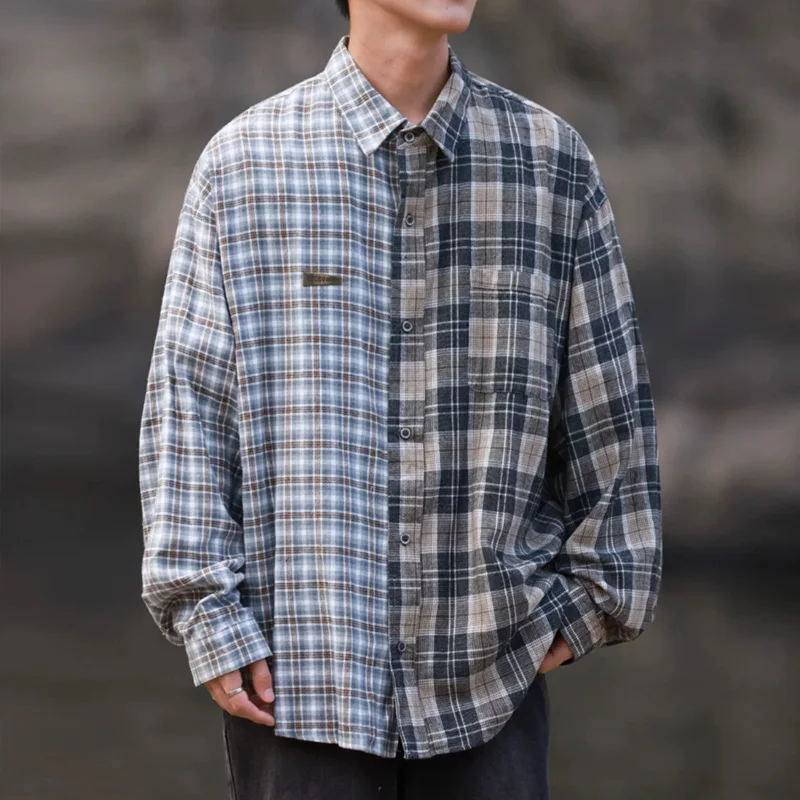 Men's Japanese Streetwear Cityboy Loose Casual Splice Plaid Long Sleeve Shirts Teen Boyfriend Fashion Oversize Shirt Blouse