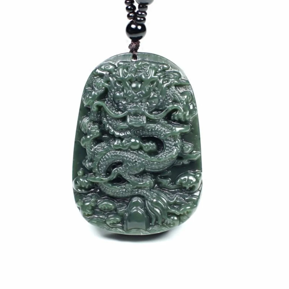 Retro Natural Dark Green HeTian Jade Carved Chinese Dragon Lucky Pendant Amulet Necklace for Man Vintage Charm Fine Jewelry