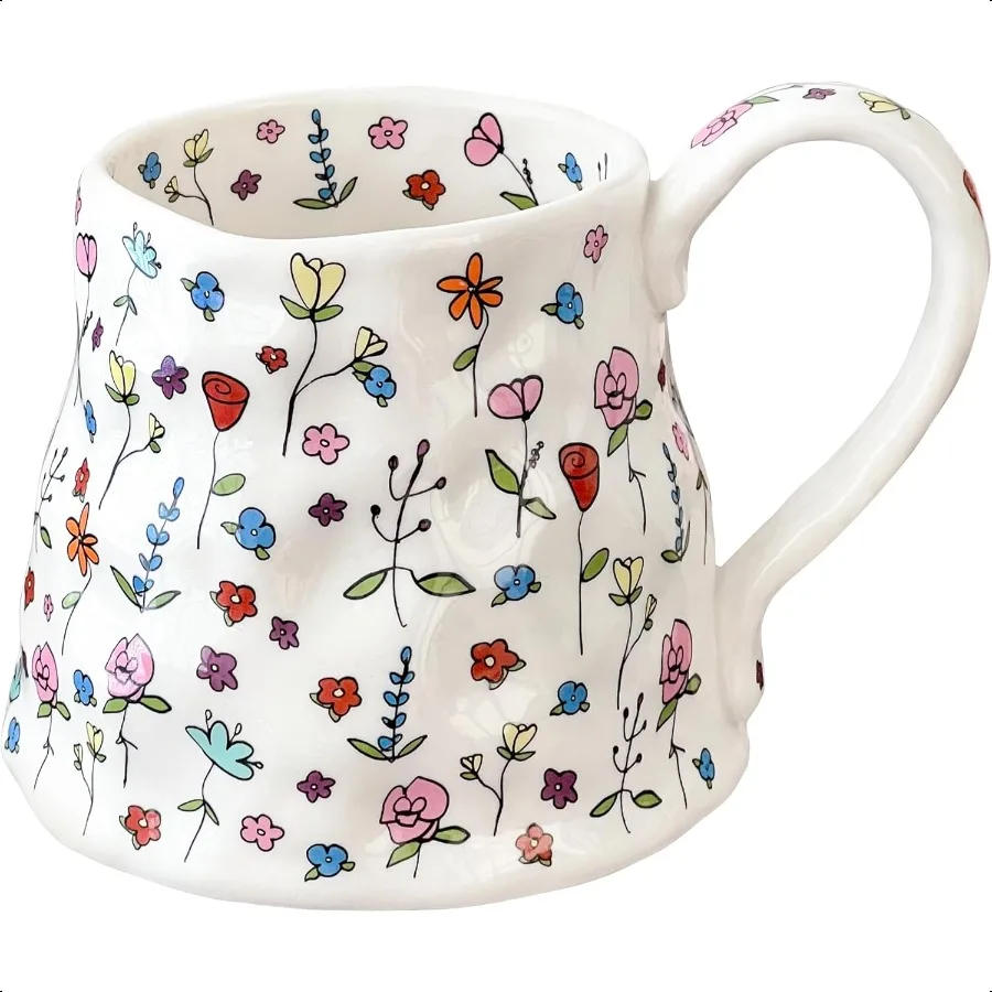 

Large Ceramic Coffee Mug Cute Flower with Handmade Big Handle 20oz Girly Pink Floral Tea Cup for Women Valentine Gift Novelty I