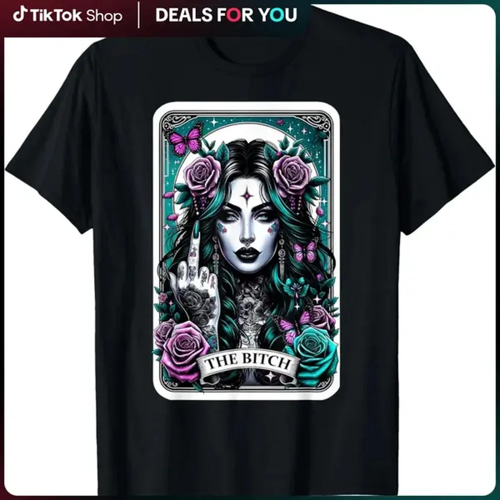 Men's 100% Cotton Essential Ribbed Retro Sugar Skull Tarot Card T-Shirt, Made in USA, Unisex Birthday Piece, Father, Casual, Everyday, Clothes, Tube, Knitted
