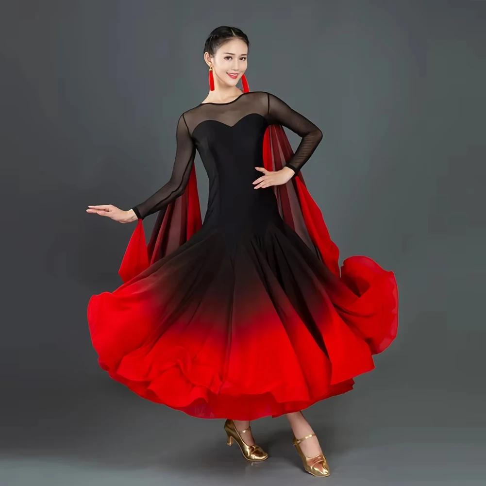 Stage Long Dress Gradient Party Ballroom Dance dress Flamenco Dress Ribbon Waltz dress New Round Neck Performance Dress