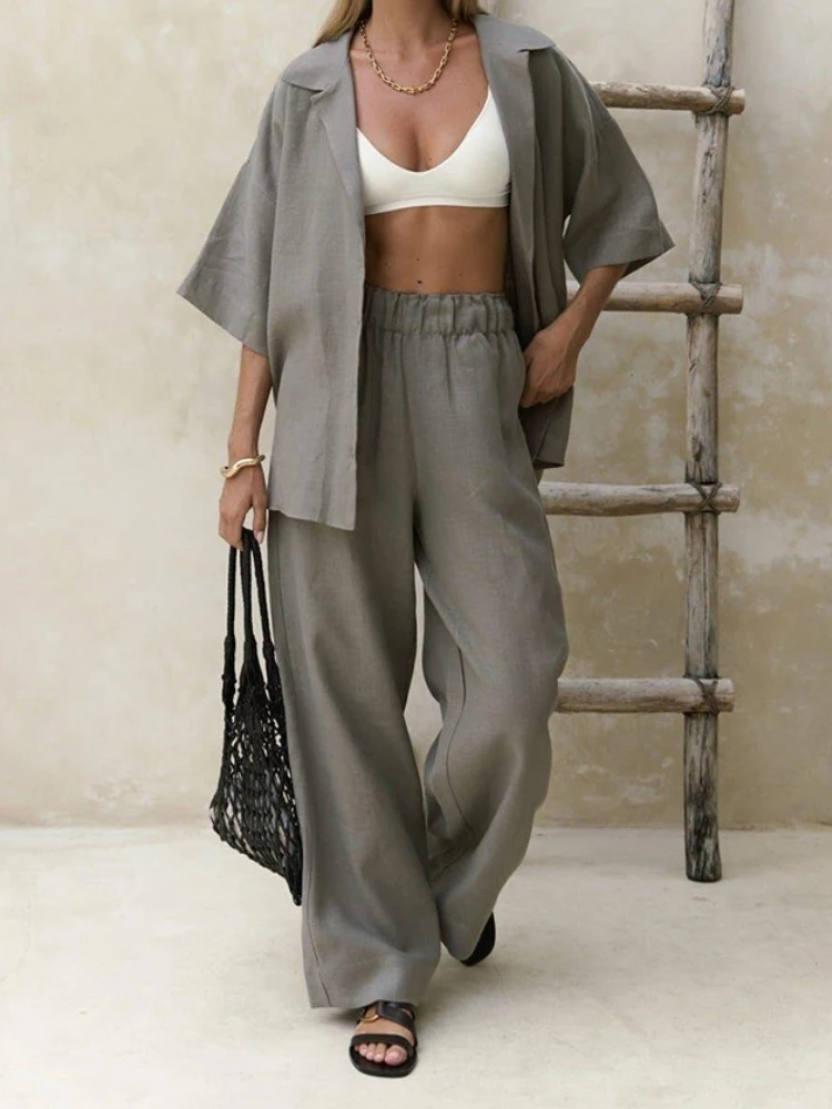 

New in Summer Casual Cotton Short Sleeve Pants 2 Piece Set Women Solid Color Short Sleeved Shirt Loose Pants Sets