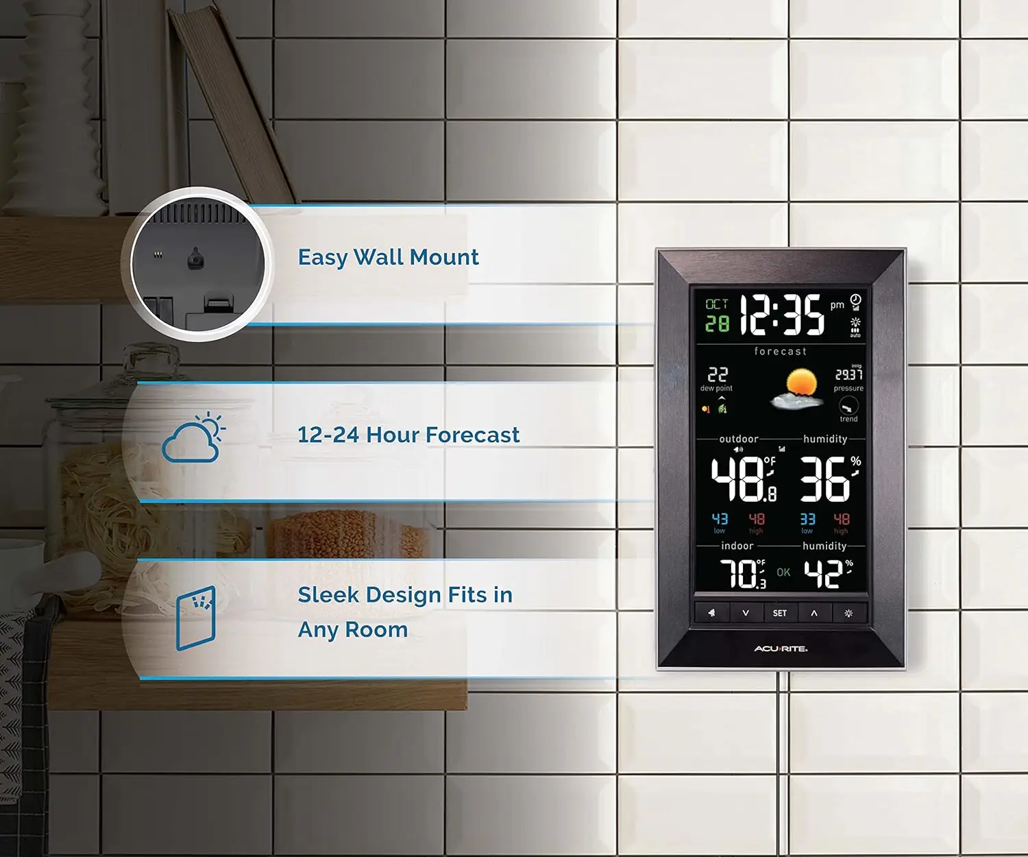 Digital Vertical Weather Forecaster with Indoor/Outdoor Temperature, Humidity, and Date and Time (01121M) , BLACK