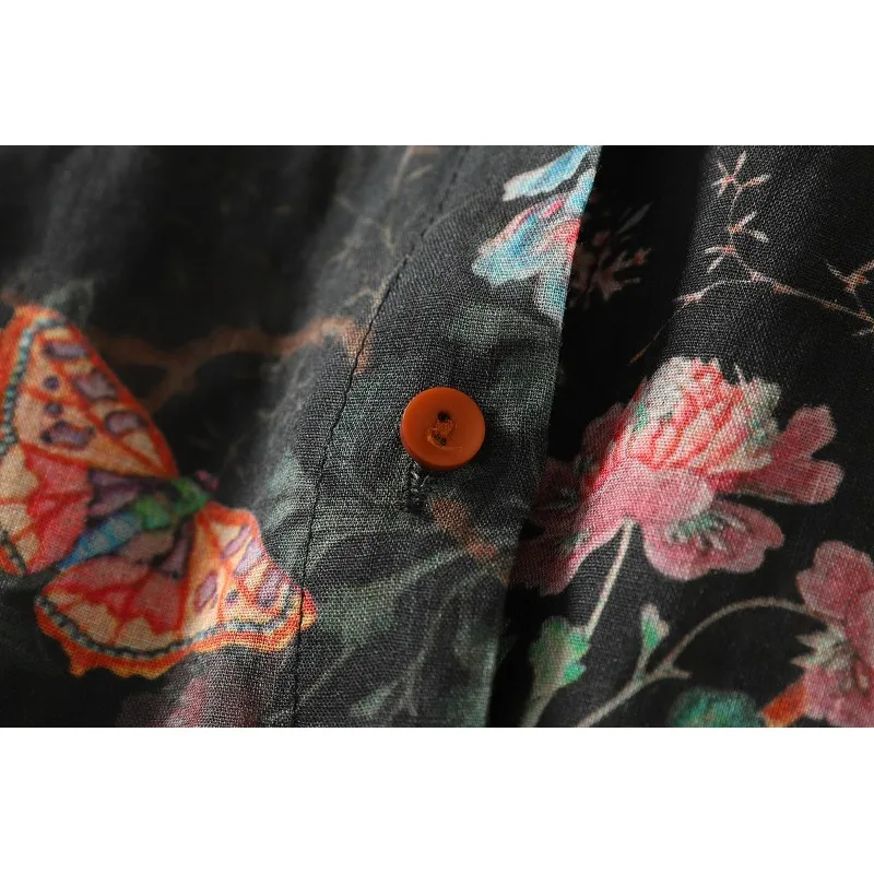 

Spring 2025 Women's Versatile Loose Long Sve irt Ethnic Sle Artistic Loose Fit Large Size Top Age-Defng Linen Material