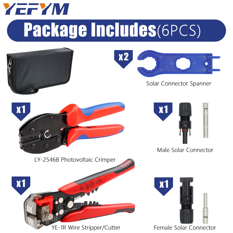 Solar PV Cable Crimping Tool LY-2546B Kit for 2.5/4/6mm² with Stripper YE-1R, Solar Spanner and solar Connectors Sets