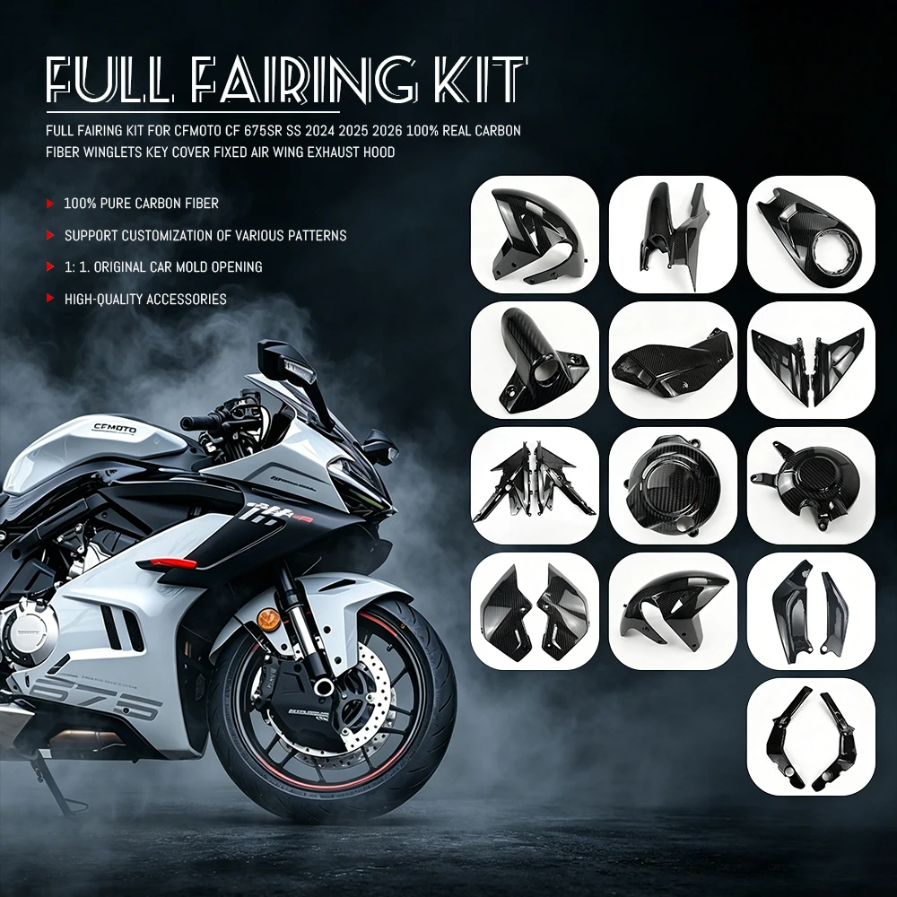 Komplettes Verkleidungsset für CFMOTO CF 675SR SS 2024 2025 2026 – 100 % Echtcarbon-Fiber-Winglets, Schlüsselabdeckung, fester Luftflügel, Auspuffhaube