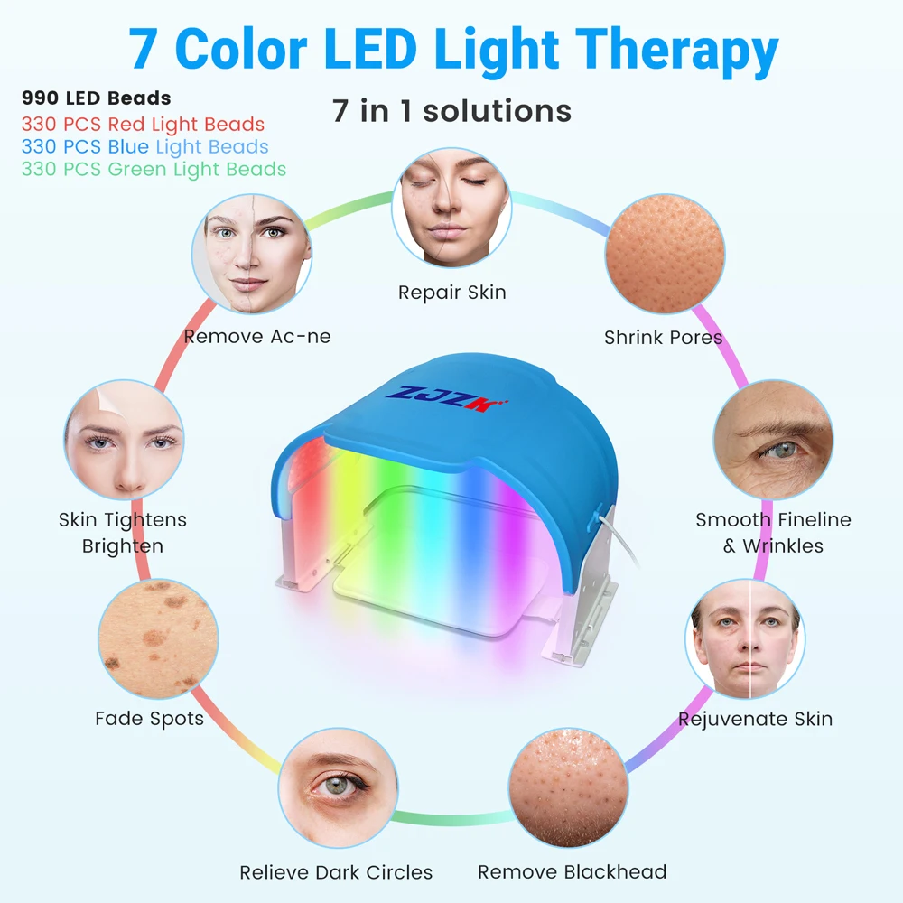 Lichttherapie-Maske, LED-Gesicht und Hals, Hautpflege, Akne, Entfernung, Verdünnung von Rötungen, Verbesserung der Mitesser, mit 7 Farben, 990 LED-Chips