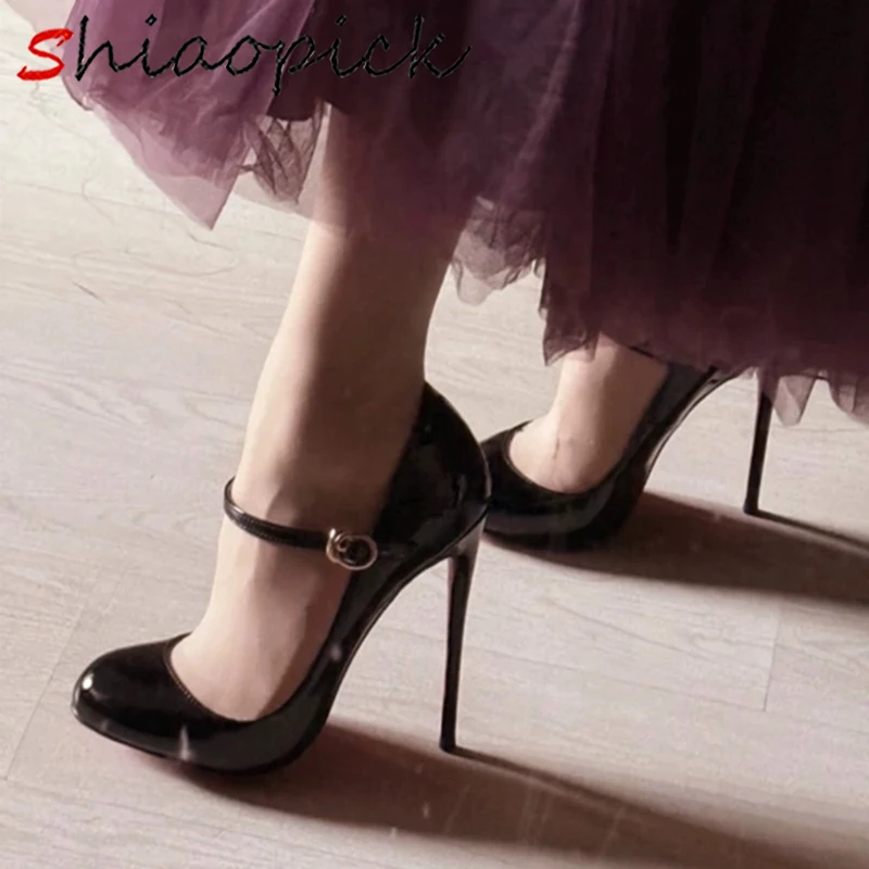 

Newly Women Cute Black Mary Jane's Cosplay 12cm Thin High Heels Straps Pumps Round Toe Stilettos Dress Show Party Shoes