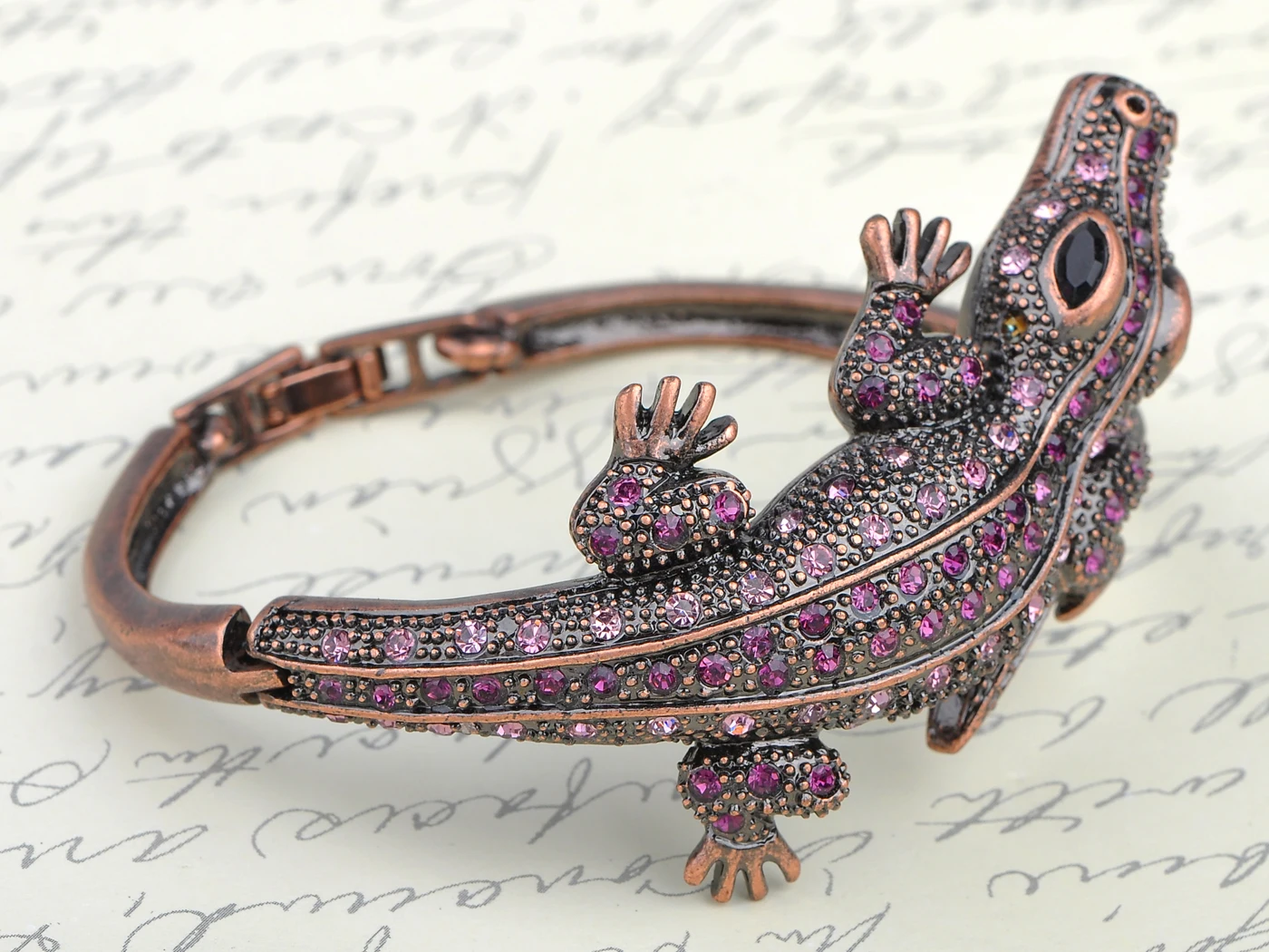 Copper Tone Amethyst Colored Rhinestones Alligator Crocodile Bangle Bracelet