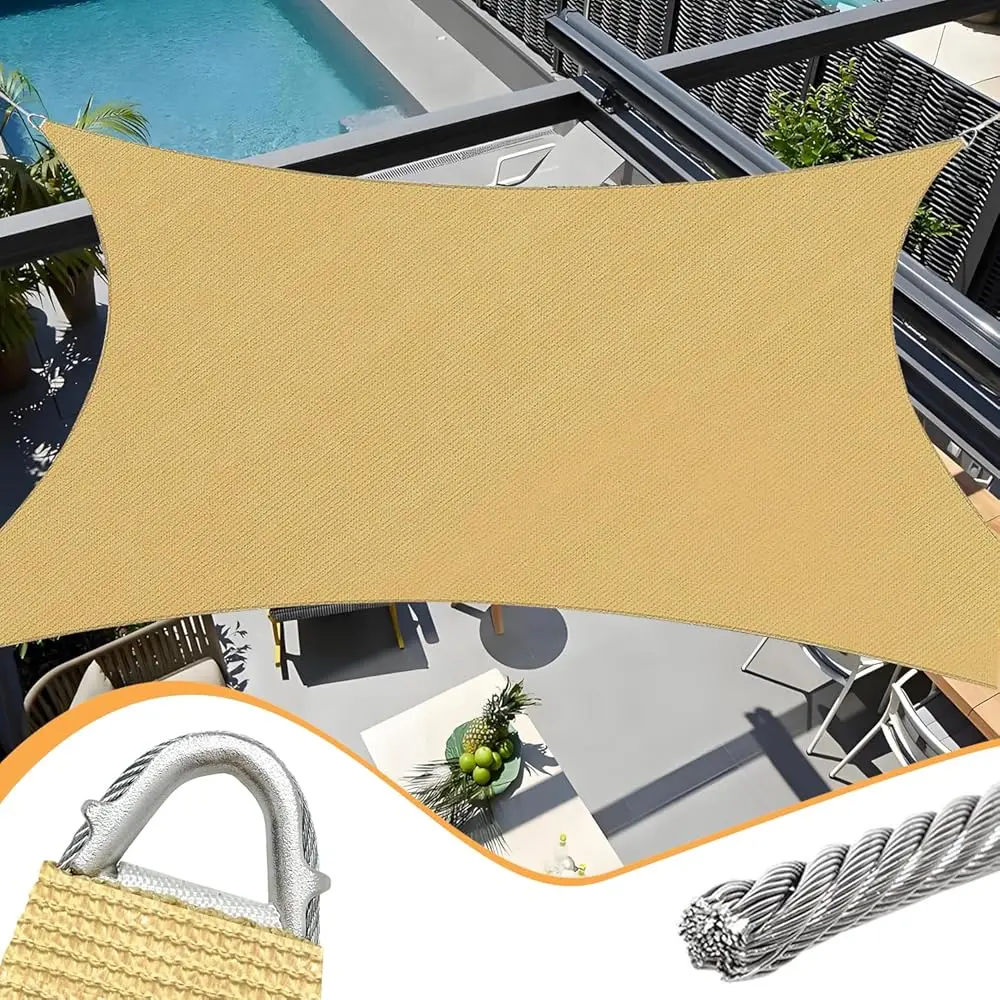 

Солнцезащитный тент Sun Shade Sail, улучшенный, с краями из высокопрочных стальных тросов, 12' x 16', прямоугольный, песочного цвета, сверхпрочный, с защитой от УФ-излучения, для улицы.