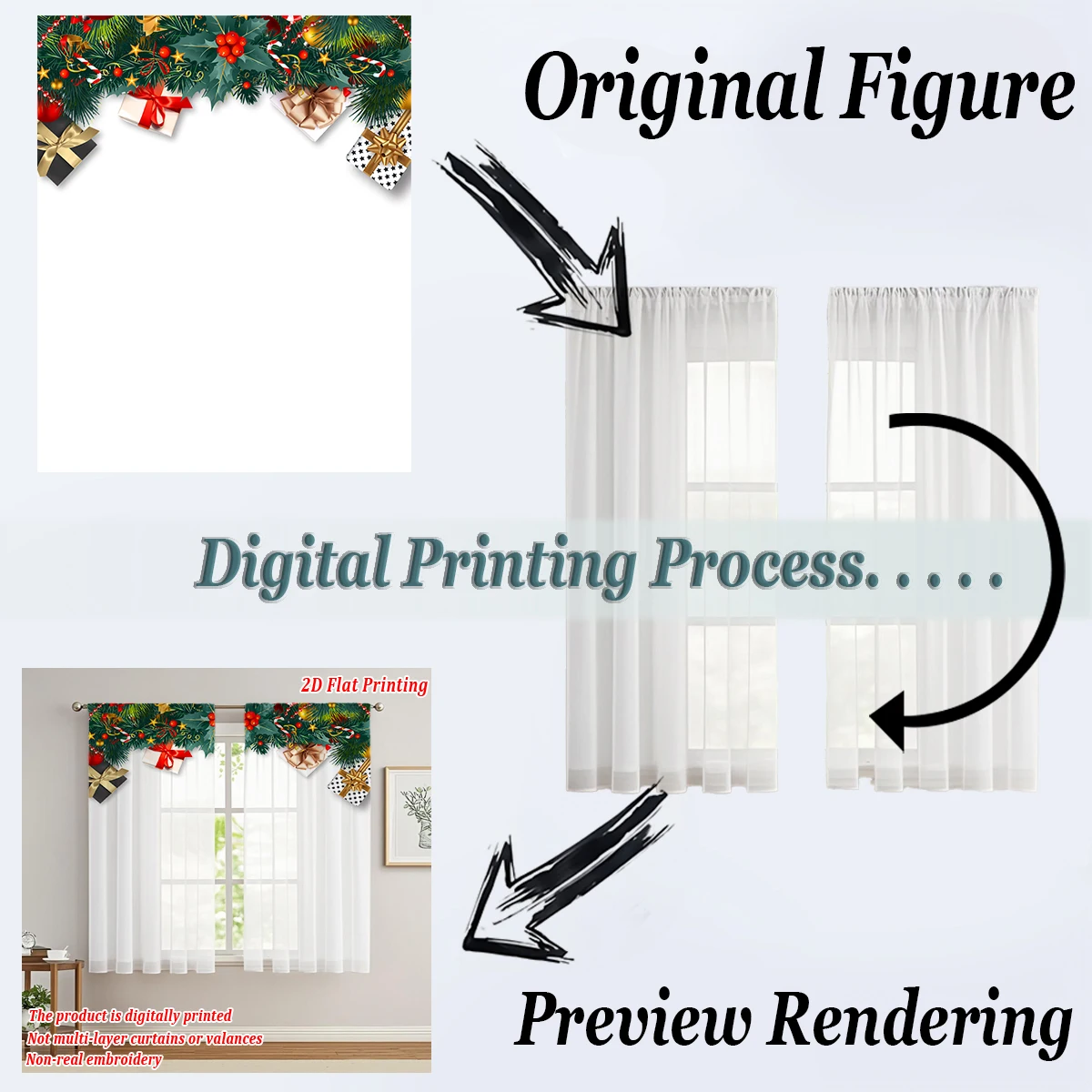 Christmas Flat Printing Kitchen Sheer Curtain with Merry Christmas Gift Box Pine Branch Ornament For Christmas Home Decor  Party