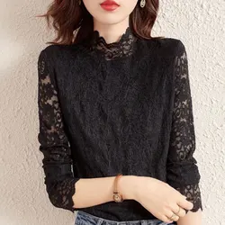 Female Clothing Vintage Lace Hollow Out Blouse Spring Autumn Casual Spliced Fashion Half High Collar All-match Long Sleeve Shirt