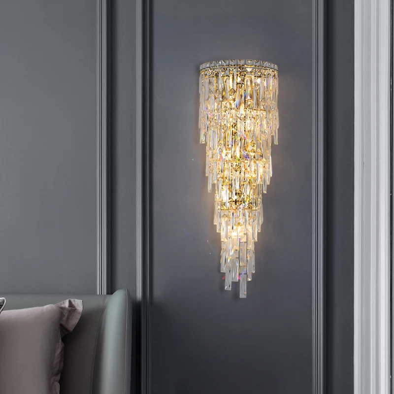 

Modern Luxury Crystal Wall Lamp High-End Background Wall LED Light Bedroom Bedside Lamp Stainless Steel Hotels Staircase Aisle