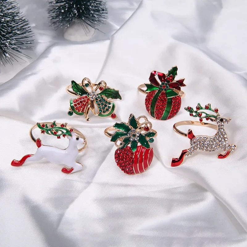 Christmas Decoration Dinner Napkin Ring Bell Diamond Elk Snowman Gift Box Candy Cane Napkin Buckle Xmas Dinner Table Ornaments