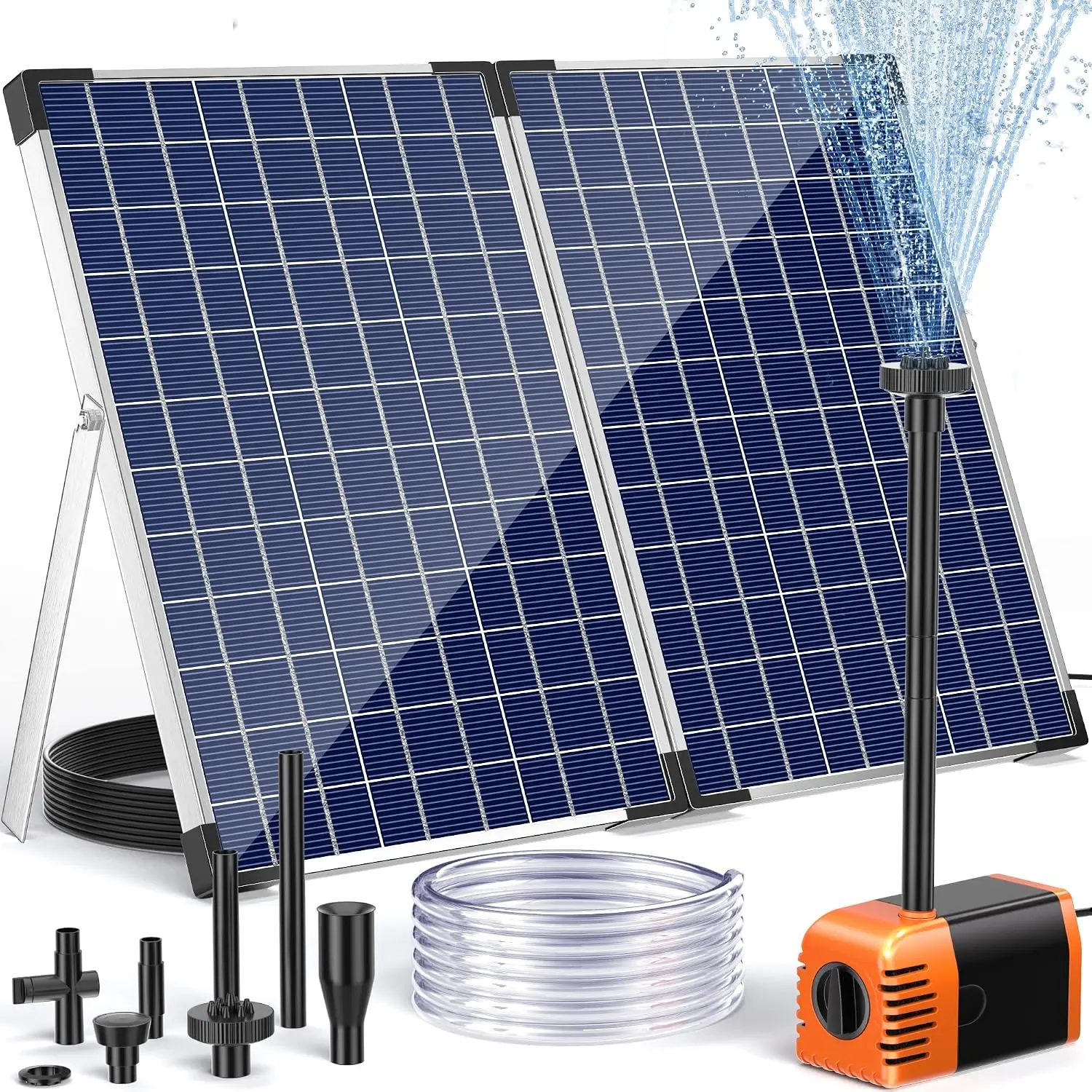 Solar Fountain Pump 35 Watt, 480GPH Solar Water Pond Pump with PVC Tubing 4 Spray Heads 16.5ft Cable Length for Garden Pond