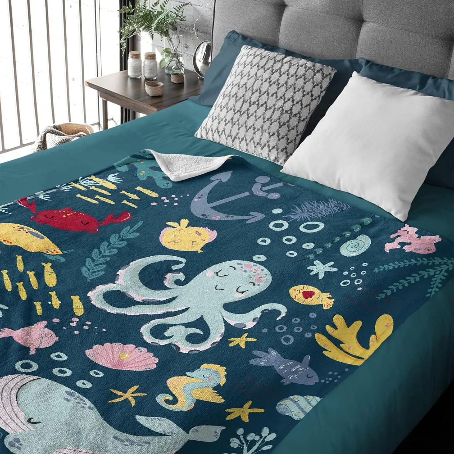 Cute Blue Sea Creatures Octopus Whale Flannel Blanket for Autumn Winter Gifts Warm Cozy Soft Funny Print Throw for Bed Couch