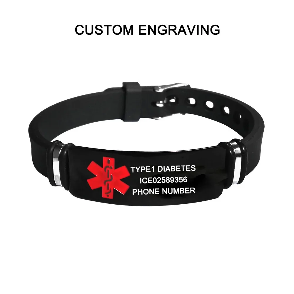 DIY Engraving Silicone Bracelet Medical Alert ID Bangle for Men Woman Child Adjustable Length Wrist SOS Jewelry