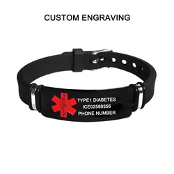 DIY Engraving Silicone Bracelet Medical Alert ID Bangle for Men Woman Child Adjustable Length Wrist SOS Jewelry
