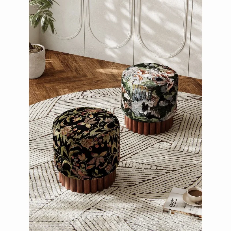 Retro pattern fabric footstool, shoe changing stool, round, bedroom household general-purpose, wabi-sabi wind